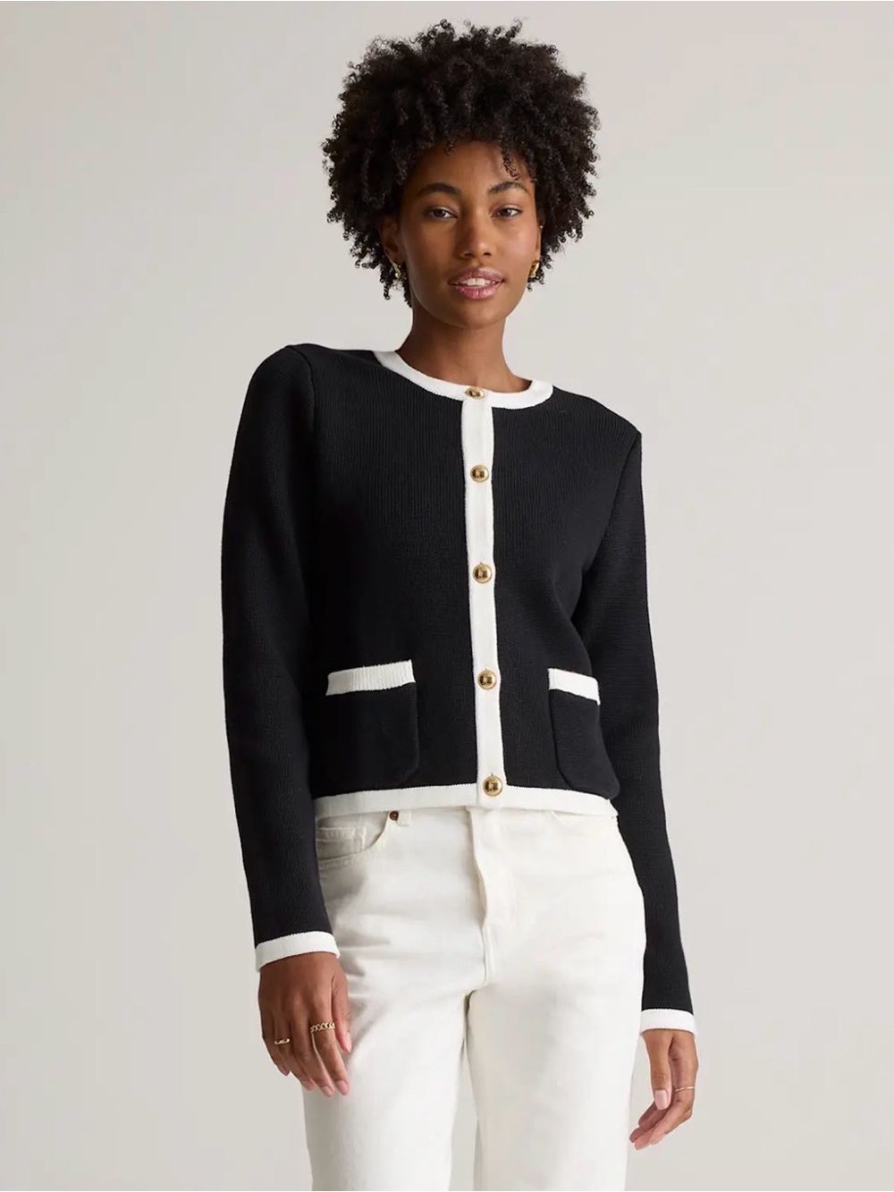 Quince Organic Cotton Black Contrast-Trim Button Cardigan Sweater XL